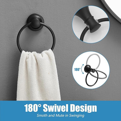 RUMOSE Toilet Paper Holder and Hand Towel Ring Matte Black Wall Mount Bathroom Hardware Accessories 2 PCS Set Flexible Pivoting Toilet Tissue Roll Holder and Towel Hanger, Stainless Steel