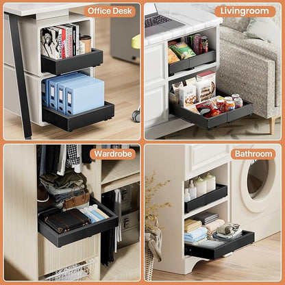 2 Pack Pull out Cabinet Organizer, Width (10"-15") Depth (11"-17"), with 3 Rails Adjustable Slide, Expandable Drawers for Cabinets, No Drill Adhesive Kitchen Drawers for Pantry Shelves black - Image 4