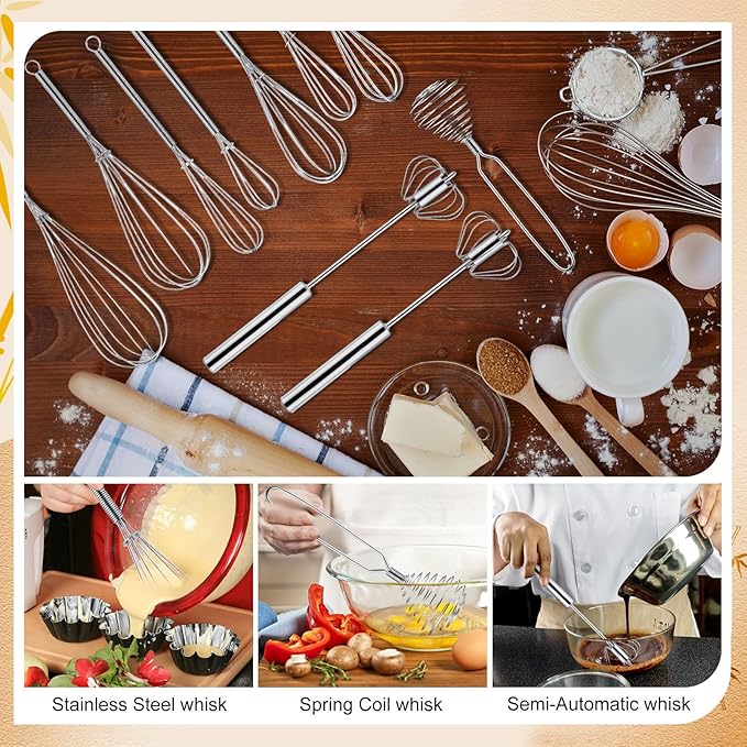 Teenyyou 10 Pcs Stainless Steel Whisks Set Egg Beater Semi Auto Whisk Blender Hand Push Beater Versatile Utensil for Kitchen Mixing Blending Beating Stirring Cooking 3 5 6 7 8 10 12 Inch - Image 5
