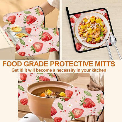Strawberry Daisy Pattern Oven Gloves and Hot Pads Set - Heatproof Hand Protection for Baking, Grilling, Cooking 4Pcs