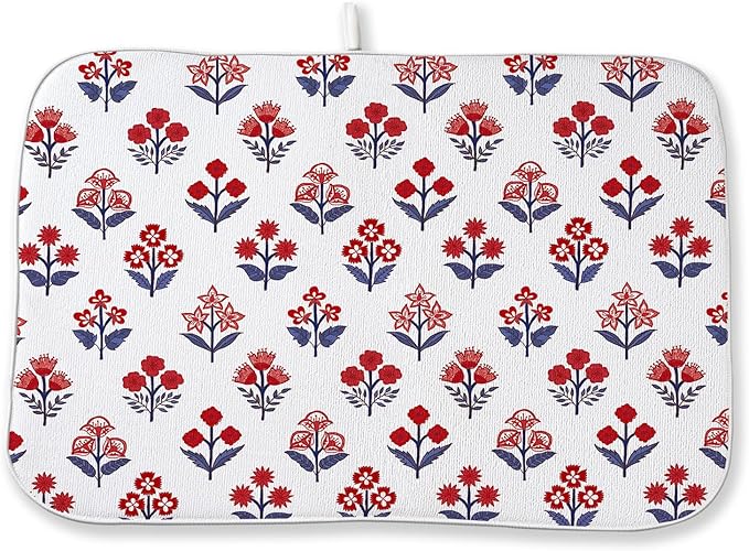 Red Blue Dish Drying Mat 18x24 Inch Vintage Boho Block Print Floral Drying Mat 4th of July Patriotic Flower Seasonal Absorbent Dish Drying Pad Dish Rack Drainer Mats for Kitchen Dining Counter
