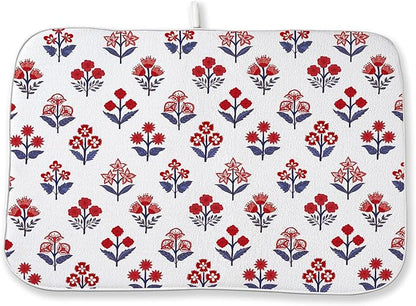 Red Blue Dish Drying Mat 18x24 Inch Vintage Boho Block Print Floral Drying Mat 4th of July Patriotic Flower Seasonal Absorbent Dish Drying Pad Dish Rack Drainer Mats for Kitchen Dining Counter