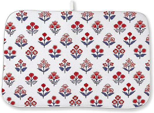 Red Blue Dish Drying Mat 18x24 Inch Vintage Boho Block Print Floral Drying Mat 4th of July Patriotic Flower Seasonal Absorbent Dish Drying Pad Dish Rack Drainer Mats for Kitchen Dining Counter