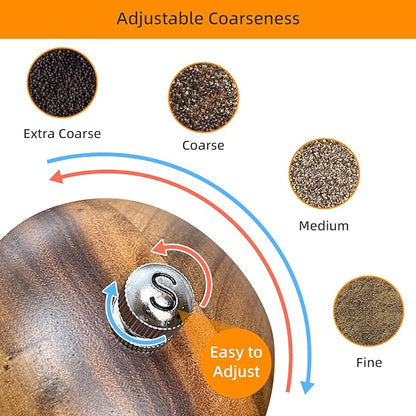 Wooden Salt and Pepper Grinder Set:Pepper Grinder Manual,Adjustable Coarseness,Crafted of Acacia Wood with Ceramic/Stainless Steel Core|Along with Salt&Pepper Mill Tray,Spoon,8in,2pack