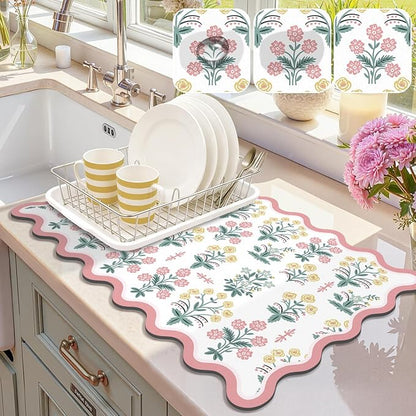 LOKHOM Scalloped Floral Dish Drying Mat, 12"x20" Super Absorbent Coffee Mat with Unique Pink Pastoral Floral, Cuttable Hide Stain Non-slip Drying Mat for Kitchen Counter Coffee Maker Espresso Machine by LOKHOM