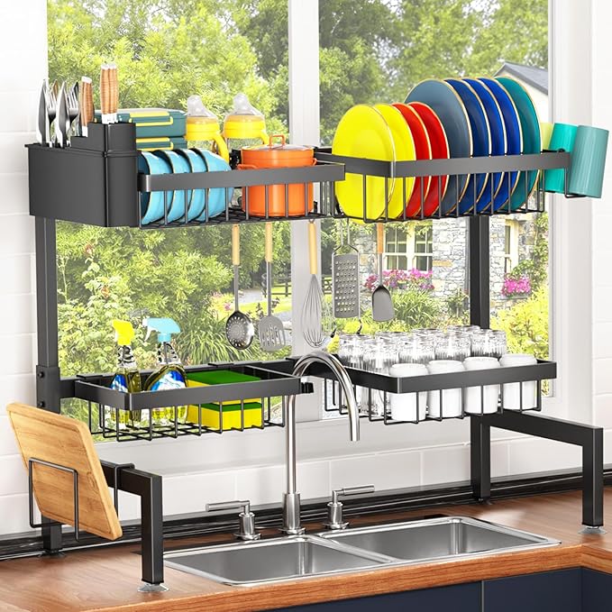 YKLSLH 4 Baskets Over The Sink Dish Drying Rack, Extendable Large Capacity Sink Rack, Metal Drying Rack Saving Space,for Most Sinks (26.57"-35") - Image 5