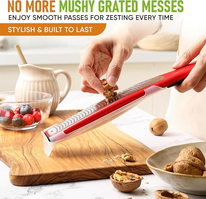 Spring Chef Premium Red Lemon Zester Grater with Handle - Fruit, Garlic, Citrus, Nutmeg, Orange Zester Tool - Heavy Duty Kitchen Shredder - Stainless Steel Ginger Grater with Blade Cover - Fine Shred - Image 6