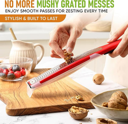 Spring Chef Premium Red Lemon Zester Grater with Handle - Fruit, Garlic, Citrus, Nutmeg, Orange Zester Tool - Heavy Duty Kitchen Shredder - Stainless Steel Ginger Grater with Blade Cover - Fine Shred - Image 6