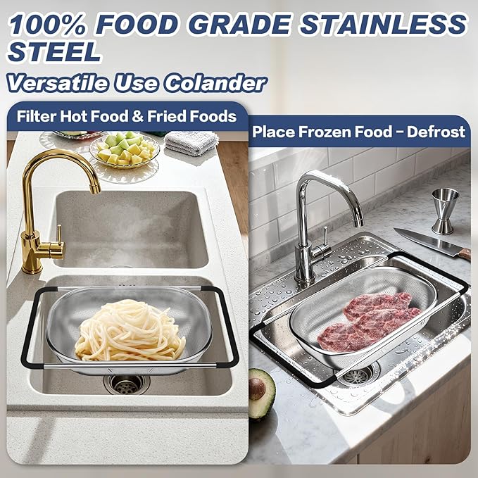 Over the Sink Colander, Expandable Strainers and Colanders with Fine Mesh, Colander for Kitchen with Rubber Grip for Draining Pasta, Vegetables and Fruits - Essential Kitchen Sink Strainer - Image 3
