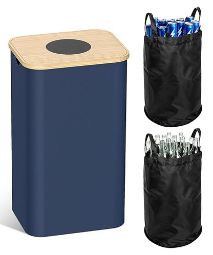 Recycling Bins for Kitchen, 26 Gallon (100L) Recycle Bin with Bamboo lid, Indoor Oxford Fabric Recycling Trash Can with 2pcs Removeable and Reusable Inner Bags for Bottle Can Glass Plastice, Blue by Magicheap