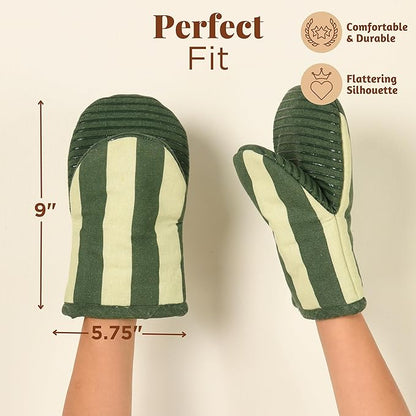 Folkulture Oven Mitts - Set of 2 (5.75"x9") | Oven Mitts with Hanging Loop for Cooking Gifts for Women, Kitchen Decor| 100% Cotton, Silicone Heat Resistant Mini Mitts - House Warming Gifts (Matcha)