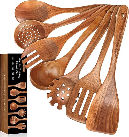 7 PCS Wooden Spoons for Cooking Natural Teak Kitchen Utensils Smooth Non-Stick Surface Cooking Utensils Set Soft Comfort-Grip Wooden Utensils for Cooking by MULBOM