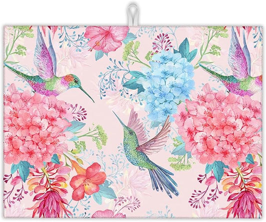Humming Bird Dish Drying Mats 18x24 Inch,Tropical Flowers Dish Pad Drying Rack Mat for Kitchen Counter Ultra Absorbent Microfiber Dishware Coffee Maker Bar Countertop Decor