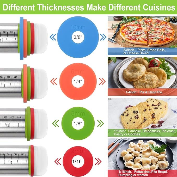 Rolling Pin with Thickness Rings and Red Silicone Baking Mat, Adjustable Stainless Steel Rolling Pins for Pasta or Sugar Decorating Cookies, Bread Making Tools Fondant Roller for Dough, Dumpling - Image 3