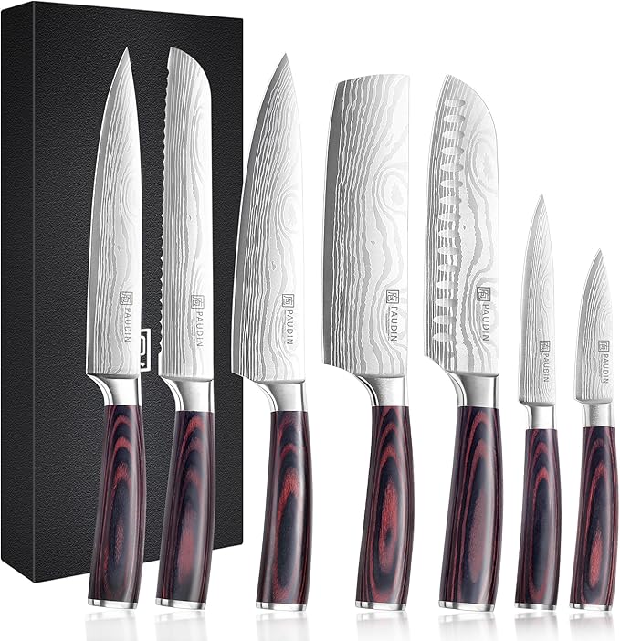 PAUDIN Chef Knife Set, 7 Pieces Kitchen Knife Set, High Carbon Stainless Steel, Ultra Sharp Knife Set, Professional Knives Set for Kitchen with Pakkawood Handle by PAUDIN
