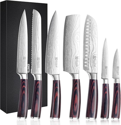 PAUDIN Chef Knife Set, 7 Pieces Kitchen Knife Set, High Carbon Stainless Steel, Ultra Sharp Knife Set, Professional Knives Set for Kitchen with Pakkawood Handle by PAUDIN