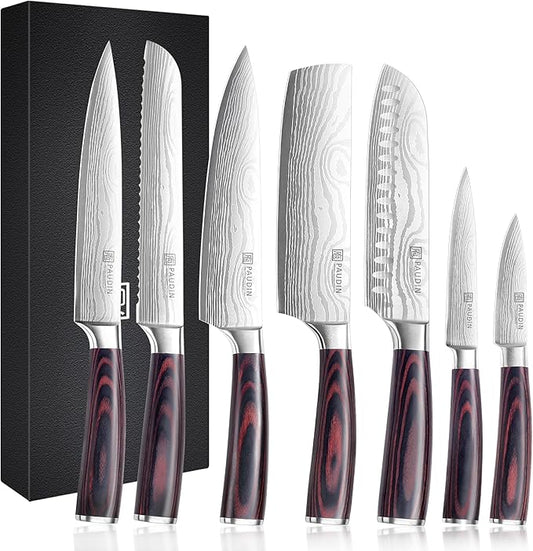 PAUDIN Chef Knife Set, 7 Pieces Kitchen Knife Set, High Carbon Stainless Steel, Ultra Sharp Knife Set, Professional Knives Set for Kitchen with Pakkawood Handle by PAUDIN