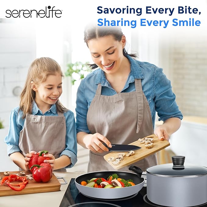 SereneLife Kitchenware Pots & Pans, Basic Kitchen Cookware Set, Black Non-Stick Coating Inside, Heat Resistant Lacquer (20-Piece Set), One Size, Gray - Image 7