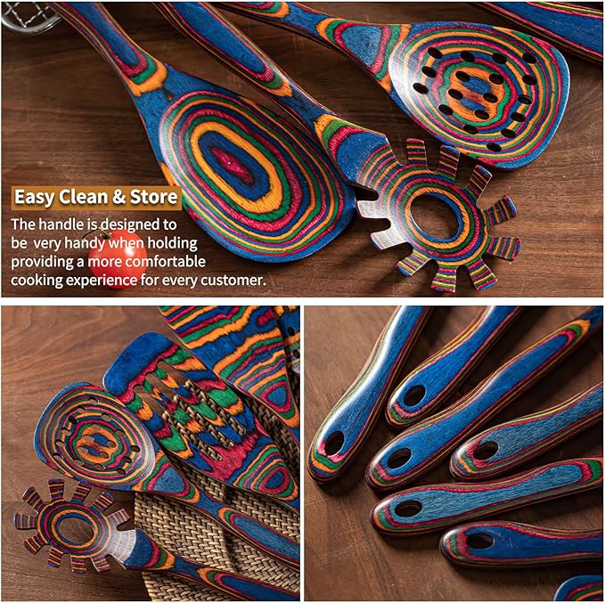Gudamaye Pakka wood 7-Piece Blue Wooden Cooking Utensils, Wooden Spoons for Cooking, Wooden Spoon Set, Wooden Kitchen Utensil set, Pakkawood Cooking Spoons, Non-Stick Spoon,Pakkawood kitchen utensils - Image 5