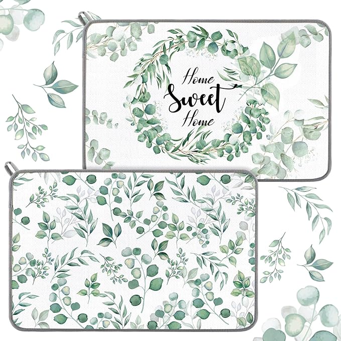 Zonon Dish Drying Mat for Kitchen Counter 16 x 24 Microfiber Absorbent Dish Drainer Rack Pads Fast Dry Mat Vintage Kitchen Decorations(Green,16" X 24",Eucalyptus Leaves) by Zonon