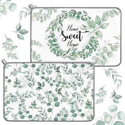 Zonon Dish Drying Mat for Kitchen Counter 16 x 24 Microfiber Absorbent Dish Drainer Rack Pads Fast Dry Mat Vintage Kitchen Decorations(Green,16" X 24",Eucalyptus Leaves) by Zonon