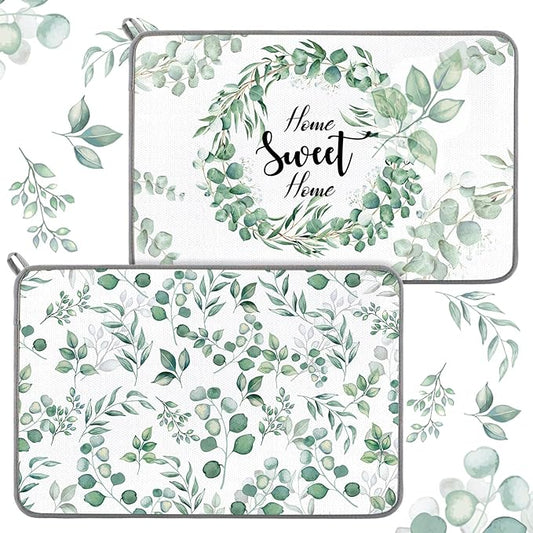 Zonon Dish Drying Mat for Kitchen Counter 16 x 24 Microfiber Absorbent Dish Drainer Rack Pads Fast Dry Mat Vintage Kitchen Decorations(Green,16" X 24",Eucalyptus Leaves) by Zonon
