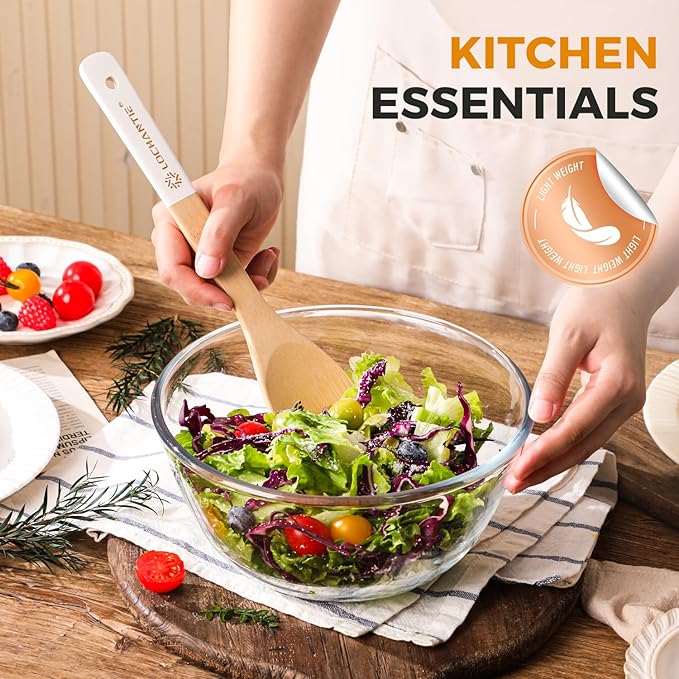Wooden Spoons for Cooking Bamboo Utensils Set (6 Pieces) - Essential Tools Wooden Spatula & Spoons for Everyday Stirring, Mixing, Flipping & Serving, Gentle on Nonstick Cookware, White - Image 2