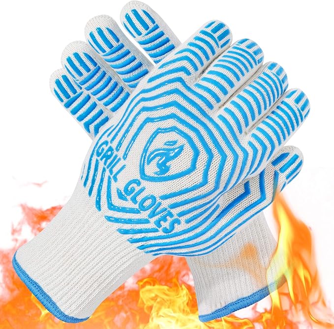QUWIN BBQ Gloves, Oven Gloves 1472℉ Extreme Heat Resistant, Grilling Gloves Silicone Non-Slip Oven Mitts, Kitchen Gloves for BBQ, Grilling, Cooking, Baking-1 Pair… (Blue, One Size Fits Most) by QUWIN