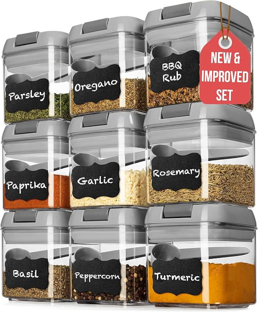 Shazo 9 PC Airtight Food Storage Containers - BPA Free Clear Plastic Snack & Spice Containers with Easy Lock Lids - Kitchen and Pantry Organization for Herbs, Coffee, Tea - 0.5L / 2.1 Cups