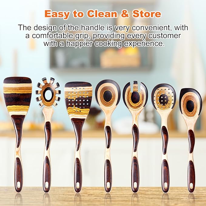 7Pcs Pakkawood Kitchen Utensils Set for Cooking, Wooden Spoons for Cooking, Safe Eco-Friendly, Non-Stick, Wooden Utensil for Cooking,Wooden Cookware Set, Housewarming Kitchen Gifts, Brown