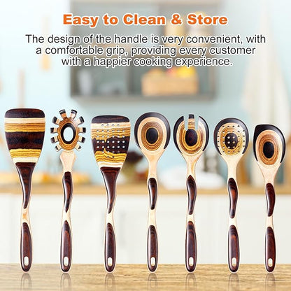 7Pcs Pakkawood Kitchen Utensils Set for Cooking, Wooden Spoons for Cooking, Safe Eco-Friendly, Non-Stick, Wooden Utensil for Cooking,Wooden Cookware Set, Housewarming Kitchen Gifts, Brown