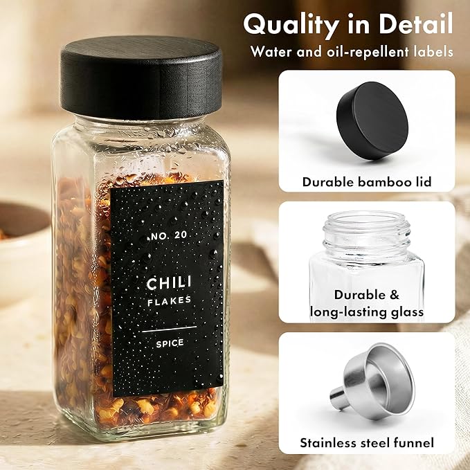 EDELHAUS® Square Spice Jars with Bamboo Wooden Lid (Pack of 24) Spice Jars with Shaker Insert and 240 Labels - Bamboo Lid Glass Container for Spice Organisation [4.3 in × 1.8 in] - Image 9