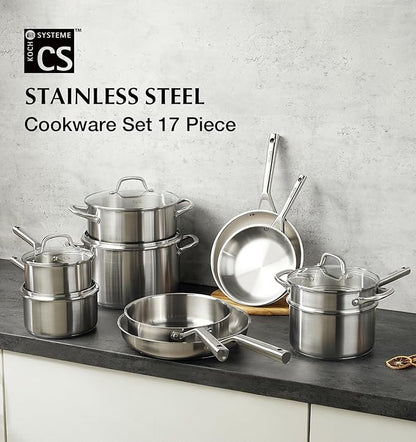 KOCH SYSTEME CS Stainless Steel Cookware Set 17 Piece, Professional 18/10 Stianless Steel Pots and Pans Set, 5-Layer Stainless Base, Oven Safe, Induction Ready, Non-Toxic Kitchen Cookware Set
