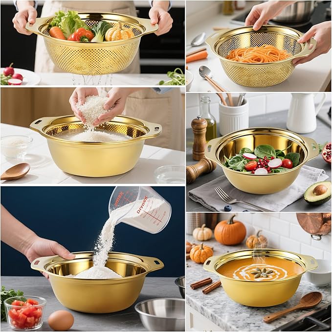 Colander 304 Stainless Steel 5-quart with Mixing Bowls, Strainer for Kitchen Food For washing vegetables, fruit, rice, Dishwasher Safe. (Gold 2PC) - Image 3