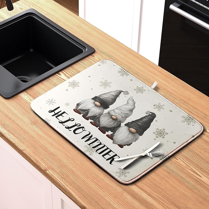Winter Gnome Dish Drying Mat for Kitchen Counter 16x18 Christmas Snowflakes Santa Kitchen Drying Mat Hello Winter Dish Drainer Mat Super Absorbent Dish Rack Mat for Coffee Bar Countertop - Image 6