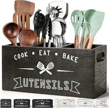 Large and Durable Wooden Kitchen Utensil Holder - Ideal for Kitchen Counter Decor and Party Use （black 3 Compartment）