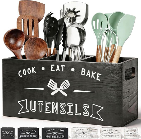 Large and Durable Wooden Kitchen Utensil Holder - Ideal for Kitchen Counter Decor and Party Use （black 3 Compartment）