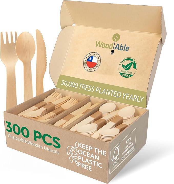 Disposable Wooden Cutlery Set - 100% Home Compostable - 300 Mix (120 Forks, 120 Spoons and 80 Knives) 6.5", Bamboo Utensils Alternative, Eco-Friendly, Organic, Sustainable and Carbon Neutral Certified by WoodAble