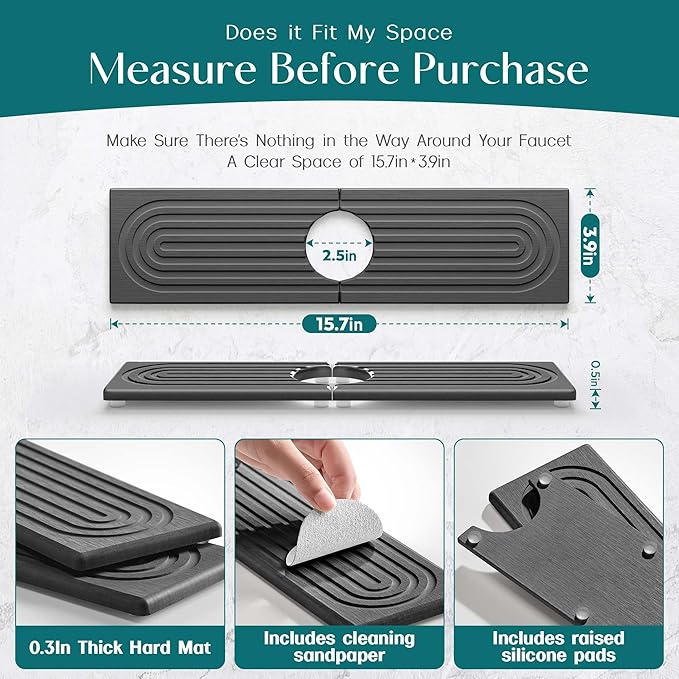 Eormoe Kitchen Sink Faucet Mat - 15.7in Diatomite Sink Protectors for Kitchen Sink, Stone Sink Splash Guard for Kitchen Counter Sink Accessories (Dark Grey, 15.7'' x 3.9'') - Image 5