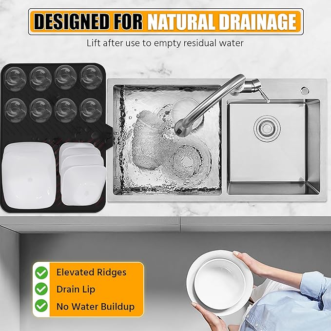 Luxet Silicone Dish Drying Mat with Built-in Drain Lip - Hygienic Drying Pad - Sturdy Compact Easy to Clean Tray Protects Surfaces Prevents Water Build Up - 23 X 17 (Black) - Image 6