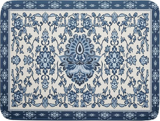 Boho Floral Blue Dish Drying Mat for Kitchen Counter 18x24 Vintage Chinoiserie Flower Print Absorbent Reversible Microfiber Drying Mats Kitchen Countertop Protector Dishes Drainer Rack Pad by Aytipun