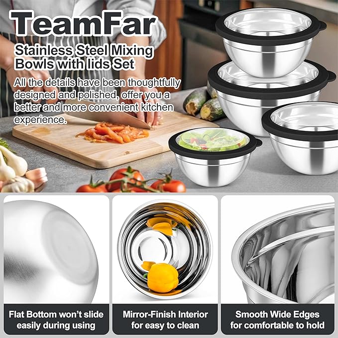 TeamFar Mixing Bowls Set, 4.5/3/1.5/1/0.7 QT Stainless Steel Nesting Salad Bowls with Airtight Lids, For Serving/Mixing/Storing, Non-Toxic & Heavy Duty, Visible & Easy Clean, Black, Set of 5 - Image 5