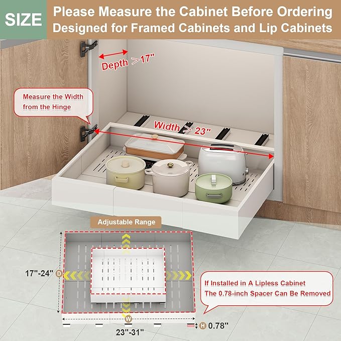 Pull out Cabinet Organizer,Expandable Width(23"-31"),Depth(17"-24") with 5 Rails,Roll out Drawers,No Drill Adjustable Slide out Shelves for Kitchen,Pantry,for Both Lip and Lip-Free Cabinets,White(1PC) - Image 2