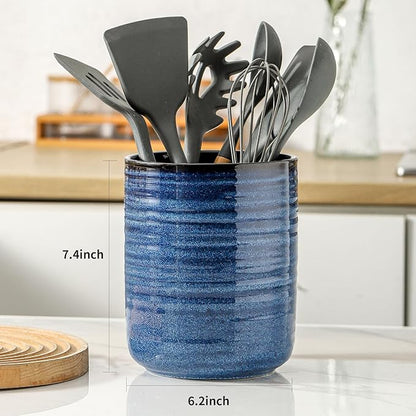 HASENSE Ceramic Kitchen Utensil Holder, 7.4" x 6.2" Large Countertop Utensil Crock, Stable Cooking Utensil Organizer for Spatulas, Spoons, Whisks & Tools, Modern Blue Kitchen Decor