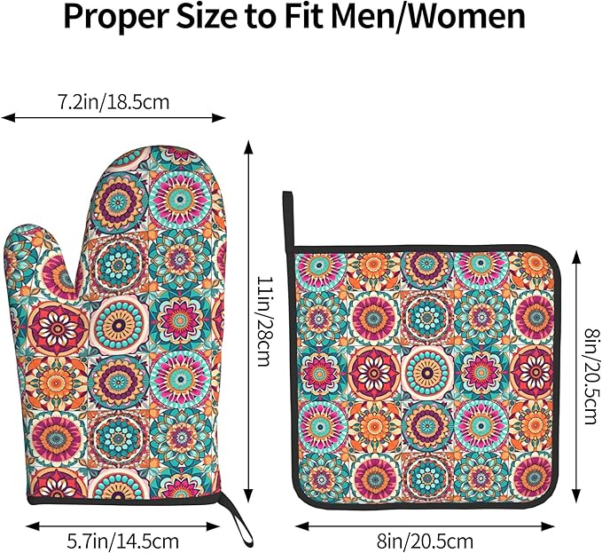 Boho Oven Mitts and Pot Holders - Mexican Flower Kitchen Mitt Sets of 2 Bohemian Oven Gloves Hot Pads for Cooking Baking Grilling - Image 3