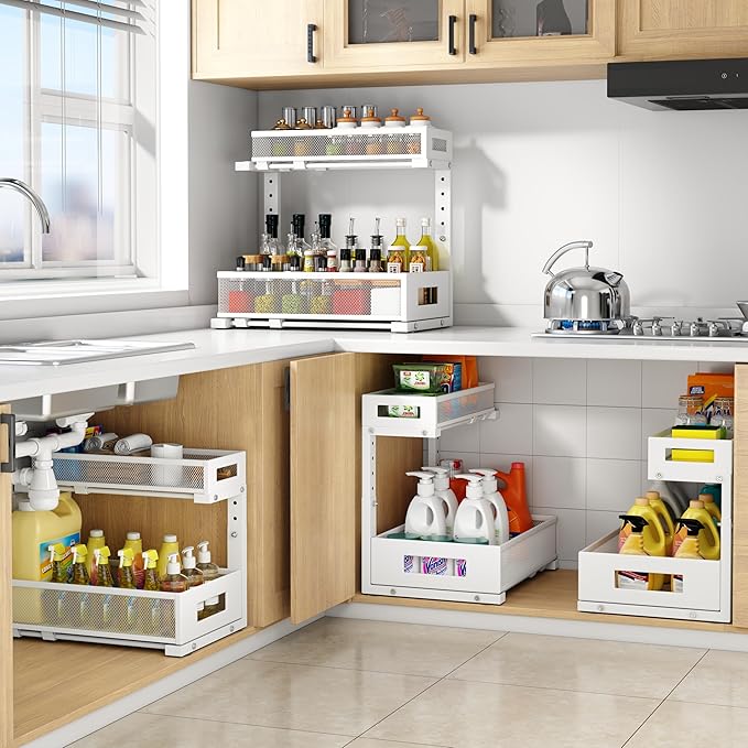 1 Pack-11.4"-16.14"H Under Sink Storage Organizer, Large 2-Tier Elegant Mesh Pull Out Shelf for Kitchen and Bathroom Cabinet Organization, L-Shaped and Adjustable Height Design for Maximum Space-White - Image 6