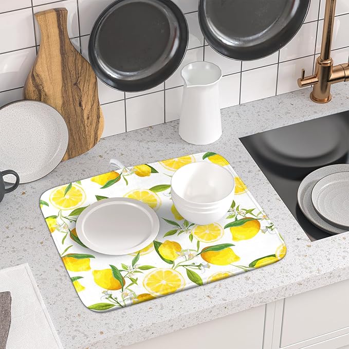 Lemon Dish Drying Mat for Kitchen Counter Spring Summer Microfiber Absorbent Dish Draining Reusable Washable Foldable 16"x18" - Image 6