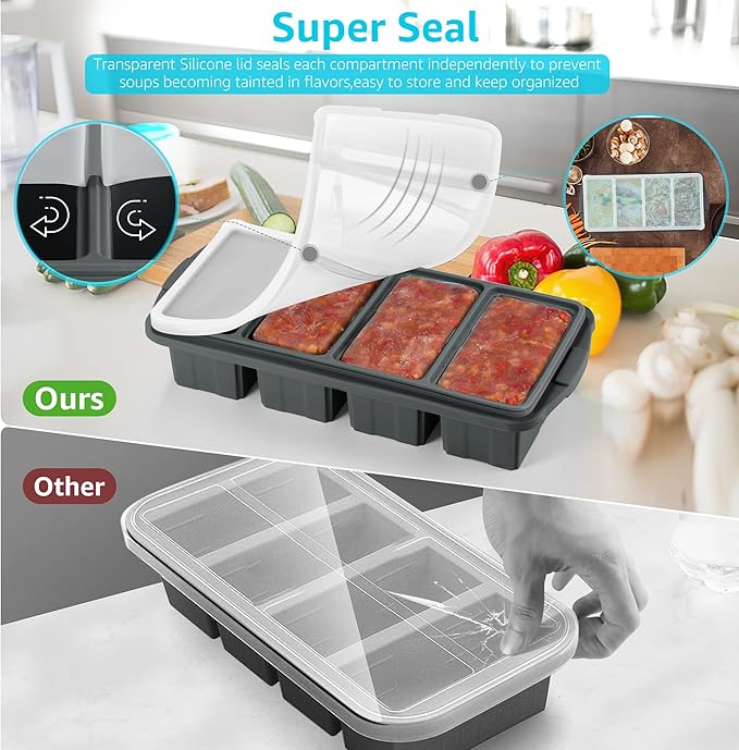 Ztomine Silicone Freezer Tray With Lid - Silicone Freezer Food Molds- Large Ice Cube Tray,Silicone Freezer Container,Freeze & Store Soup, Sauce, Broth,Leftovers - Makes 4 Perfect 1 Cup - Image 5