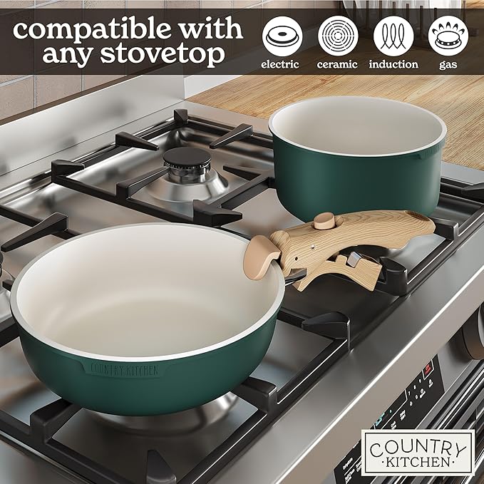Country Kitchen Cookware Set with Removable Handle, Oven & RV Safe Pots and Pans Set, Sage Wood Handle, Original - Image 6
