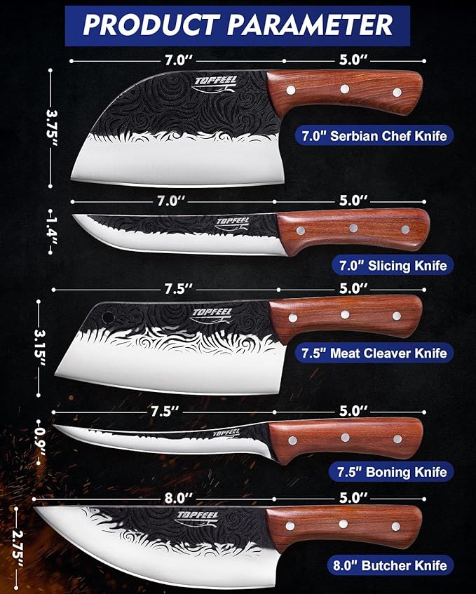 Topfeel Butcher Knife Set 5PCS, Hand Forged Kitchen Knives Set Serbian Chef Knife Set, Meat Cleaver Boning Carving Knives Set for Home、Camping、BBQ - Image 6